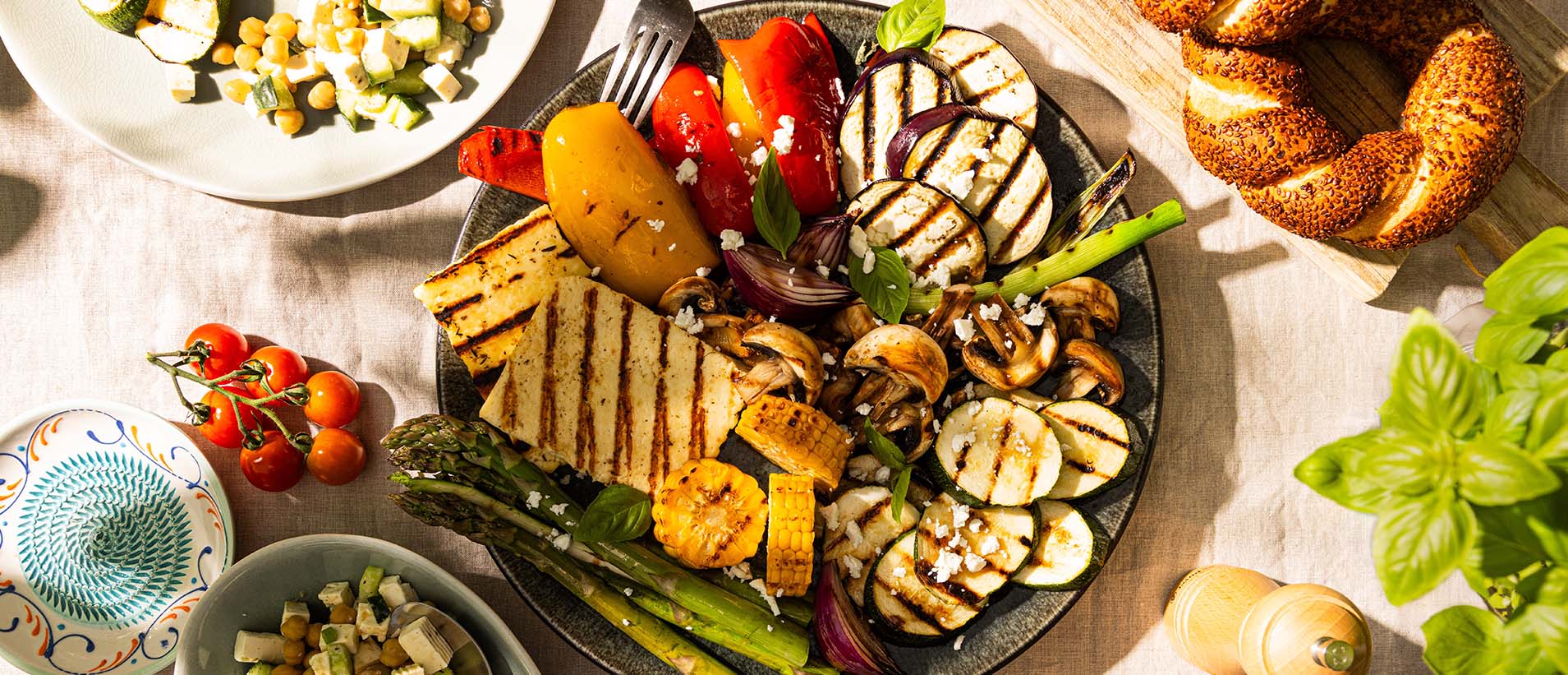 Grilled vegetables with grilled and shepherd's cheese, served on a plate